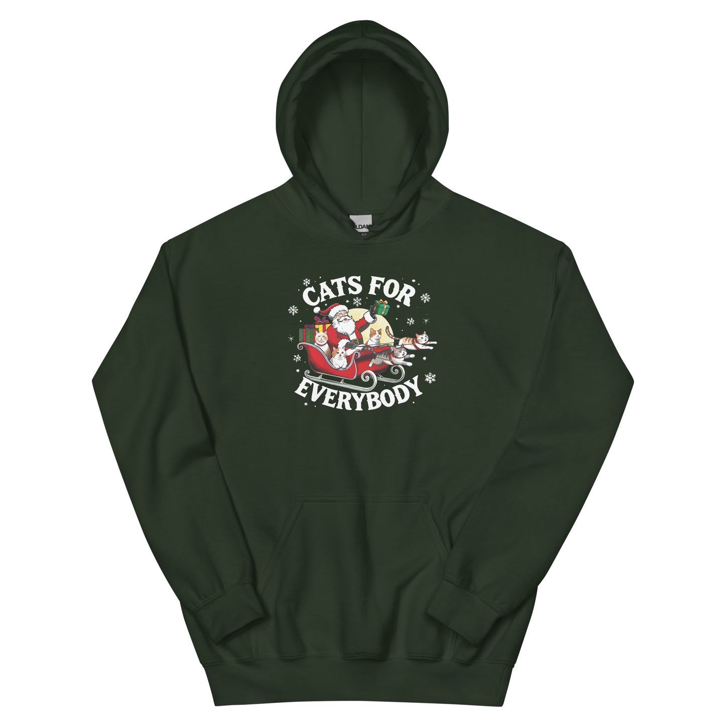 Dark Green Hoodie that says Cats for Everybody with an image of Santa in a Sleigh throwing out presents and cats