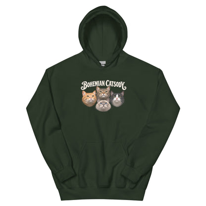 A dark green pullover hoodie featuring 4 cats.