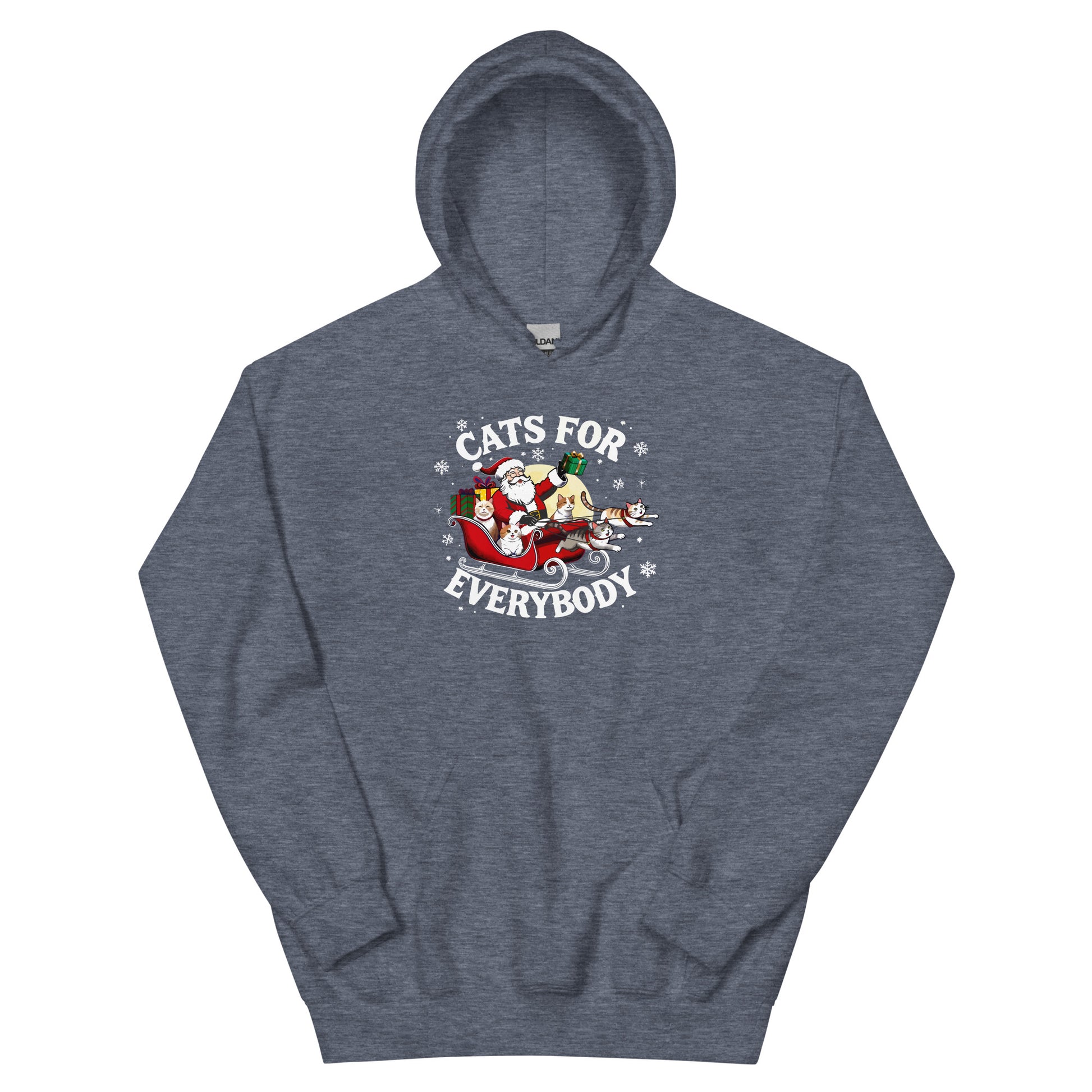 heathered sports gray Hoodie that says Cats for Everybody with an image of Santa in a Sleigh throwing out presents and cats
