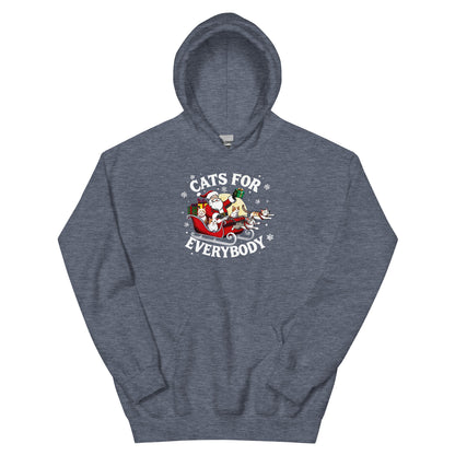 heathered sports gray Hoodie that says Cats for Everybody with an image of Santa in a Sleigh throwing out presents and cats