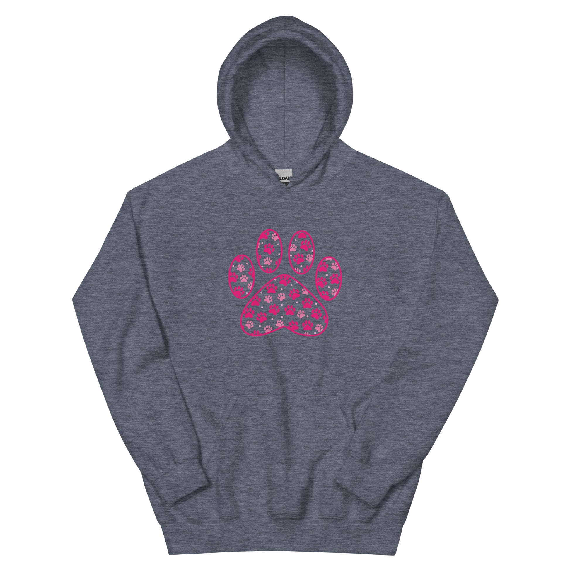 Paw Print in pink filled with mini pink paw prints on a dark gray hoodie