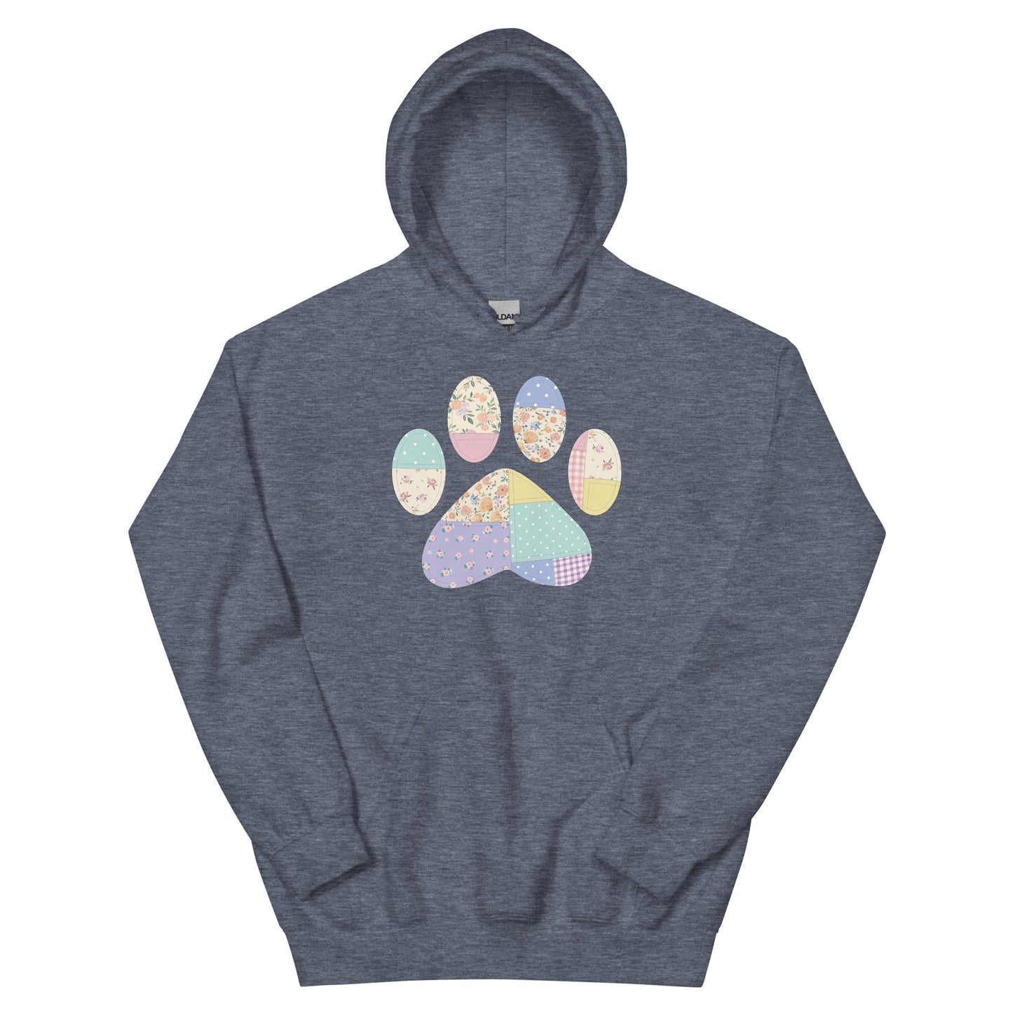 Dark Gray hoodie with quilted paw print design graphic design on a white background