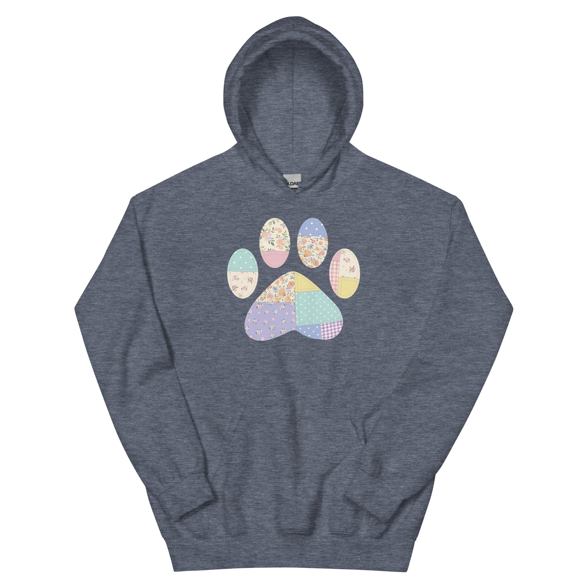 Dark Gray hoodie with quilted paw print design graphic design on a white background