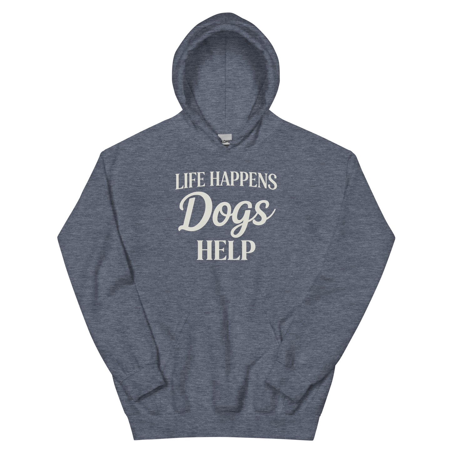 Gray hoodie with a white logo and text on a white background