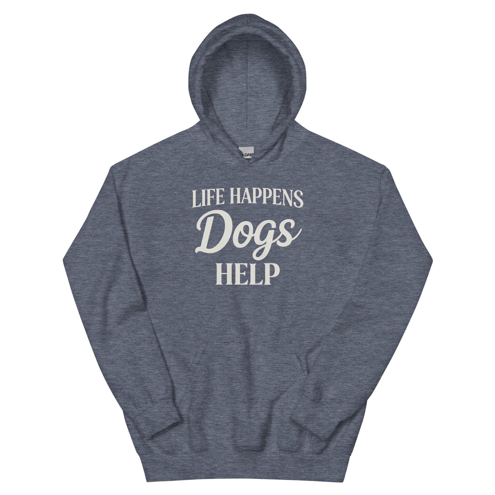 Gray hoodie with a white logo and text on a white background