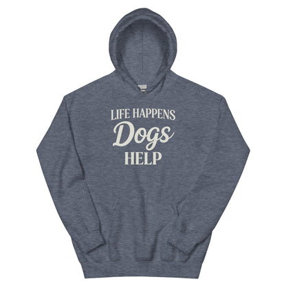 Gray hoodie with a white logo and text on a white background