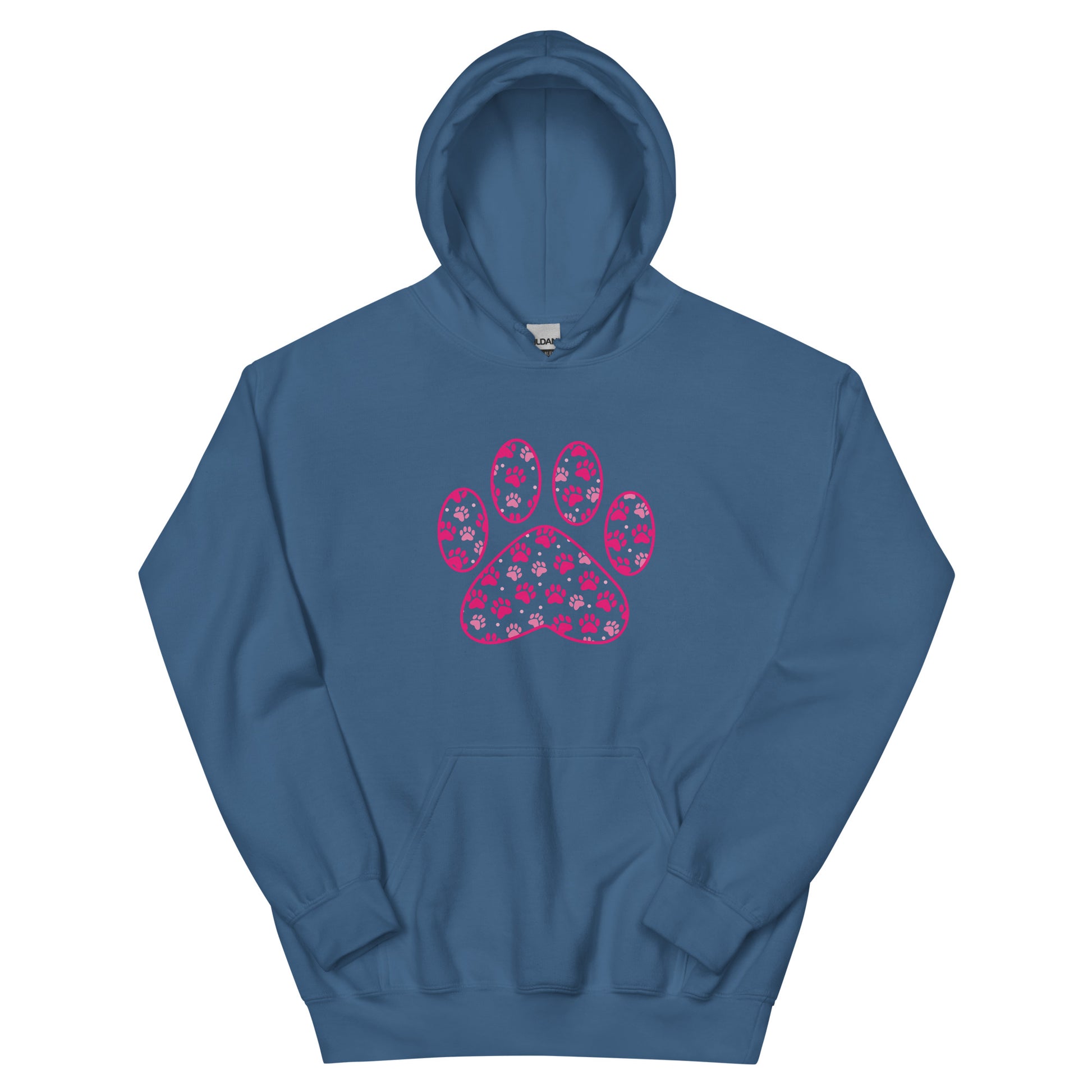 Paw Print in pink filled with mini pink paw prints on a navy hoodie