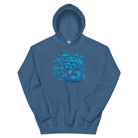 Blue hoodie with a graphic sea turtle design on a white background
