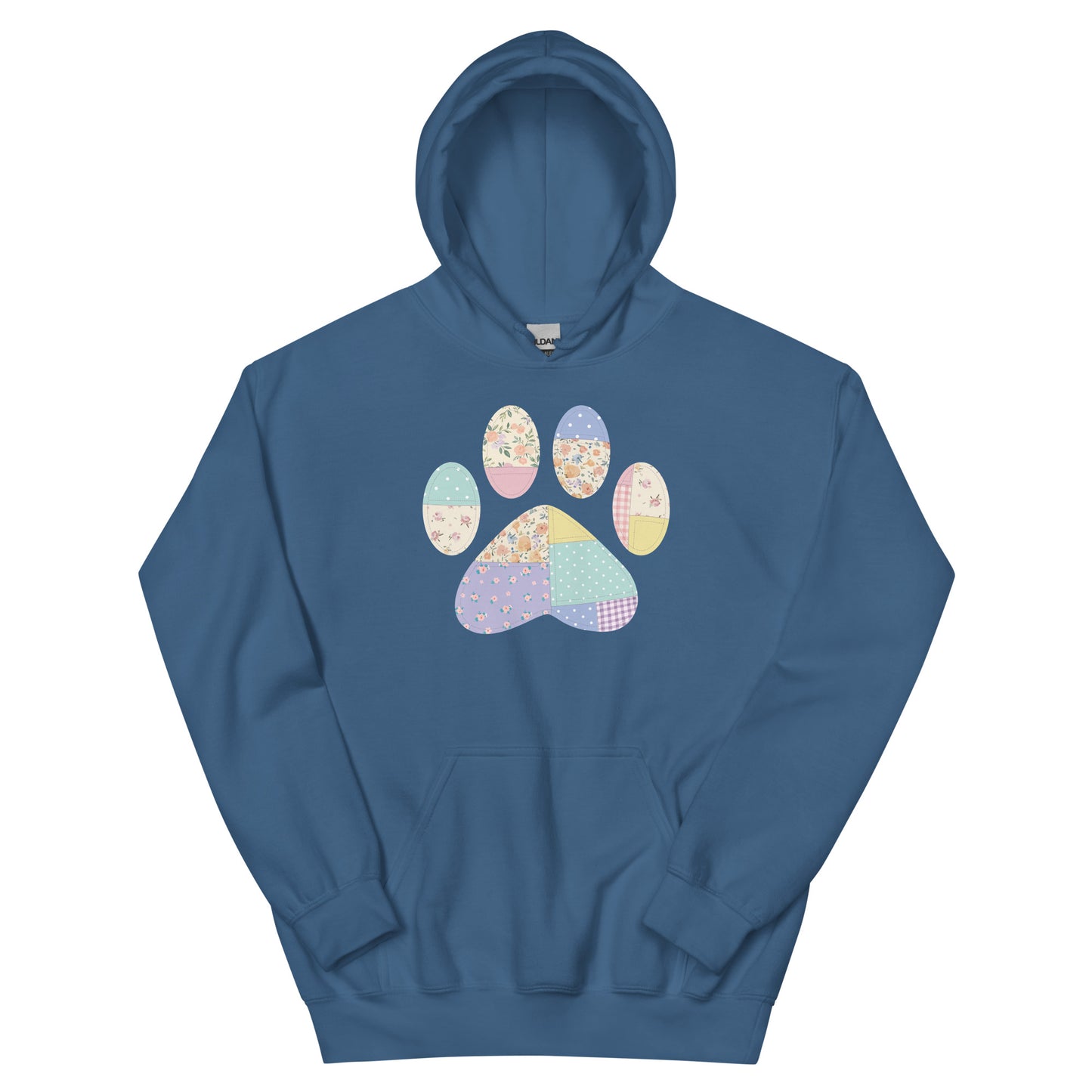 Navy blue hoodie with a graphic of a quilted paw print on a white background