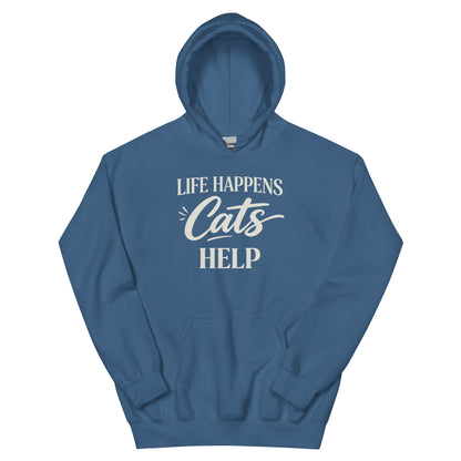 Blue hoodie with 'Life Happens Cats Help' text on a white background