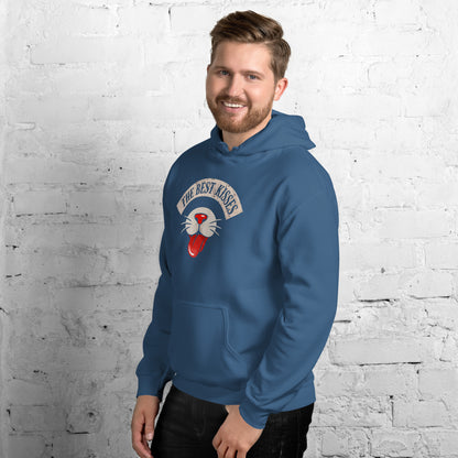 Man wearing a blue hoodie with a cat nose and tongue sticking out design that reads "The Best Kisses"
