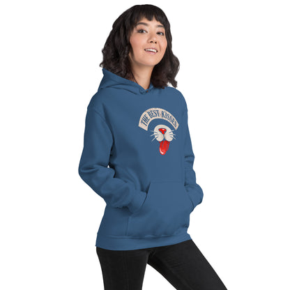 Woman wearing a blue hoodie with a cat nose and tongue sticking out design  that reads "The Best Kisses"
