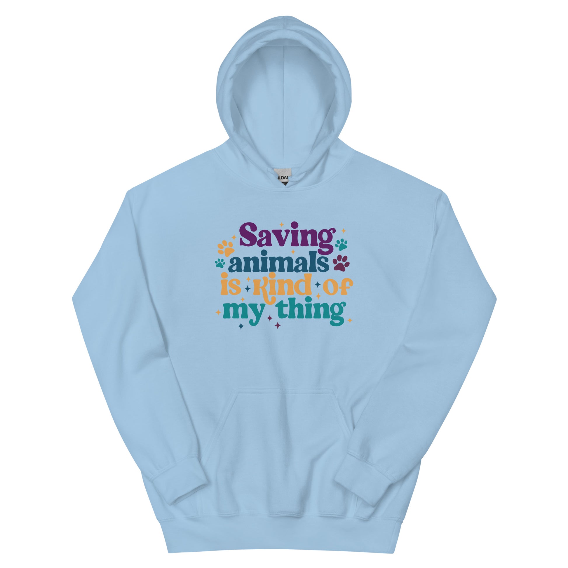 Tiffany light blue Hooded Sweatshirt that reads Saving Animals is kind of my Thing with several paw print and sparkle images in a purple, yellow and blue font.