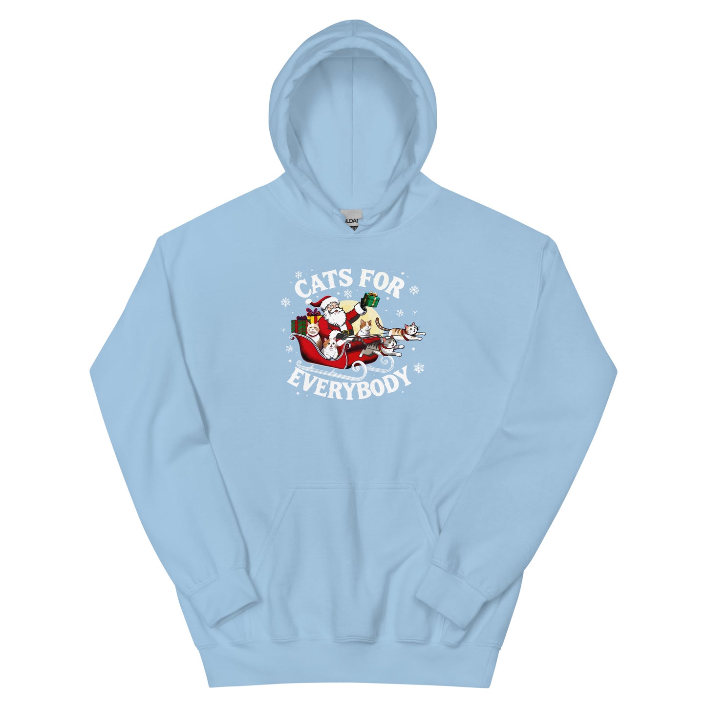 Light Blue Hoodie that says Cats for Everybody with an image of Santa in a Sleigh throwing out presents and cats