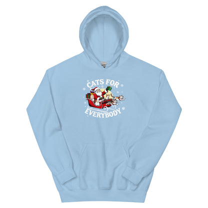 Light Blue Hoodie that says Cats for Everybody with an image of Santa in a Sleigh throwing out presents and cats