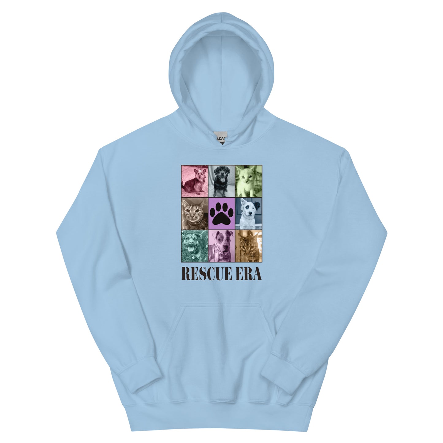 Light blue hoodie with 'Rescue Era' design featuring images of cats and dogs on a white background.