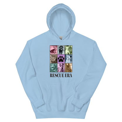 Light blue hoodie with 'Rescue Era' design featuring images of cats and dogs on a white background.