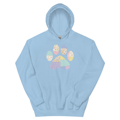 Light blue hoodie with a colorful paw print design on a white background