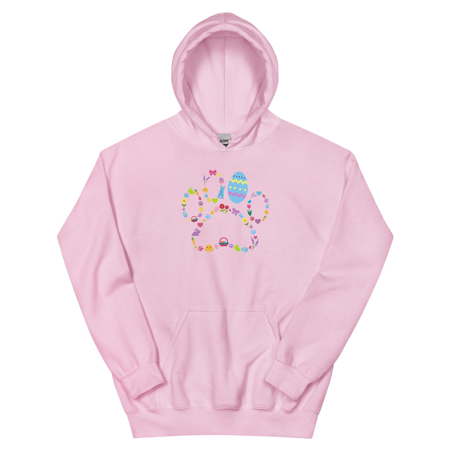 Pink hoodie with a colorful graphic design on a white background