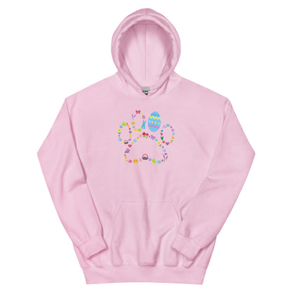 Pink hoodie with a colorful graphic design on a white background
