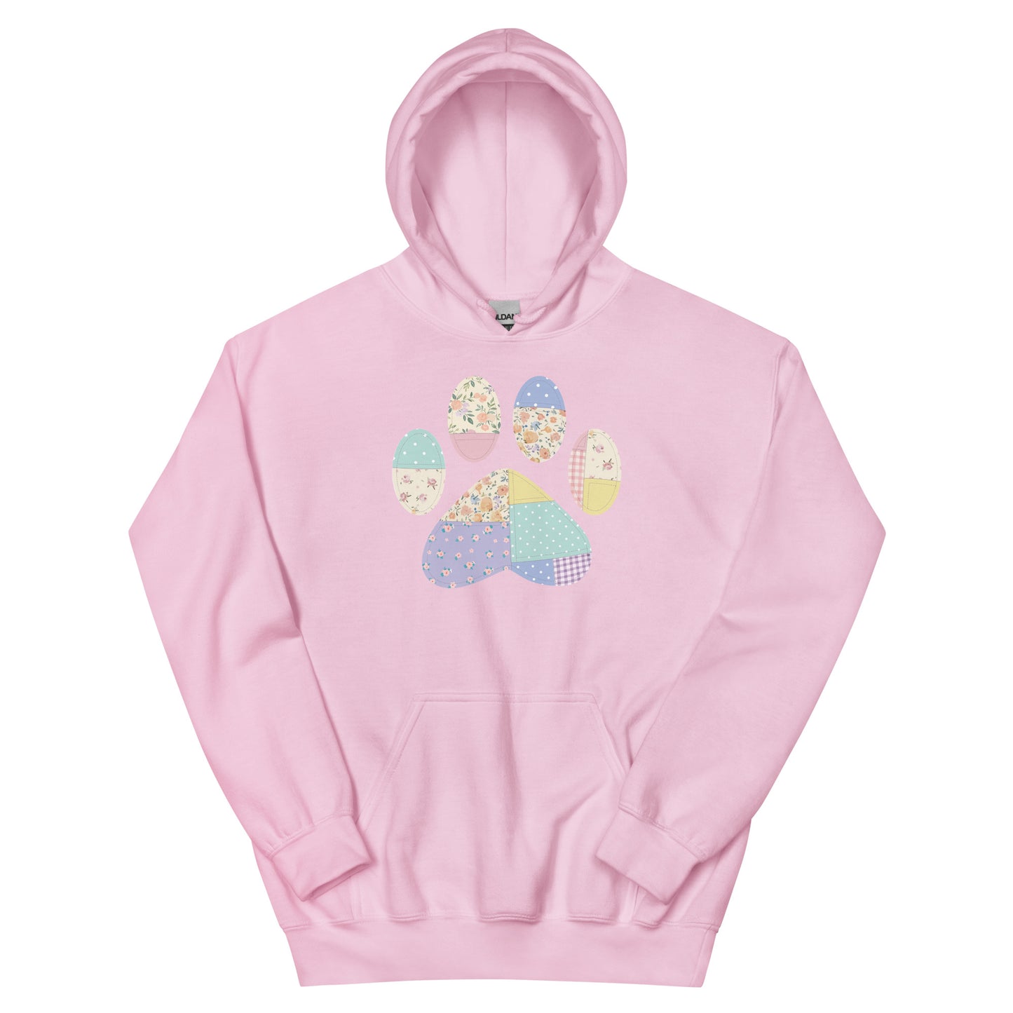 Pink hoodie with a colorful paw print design on a white background