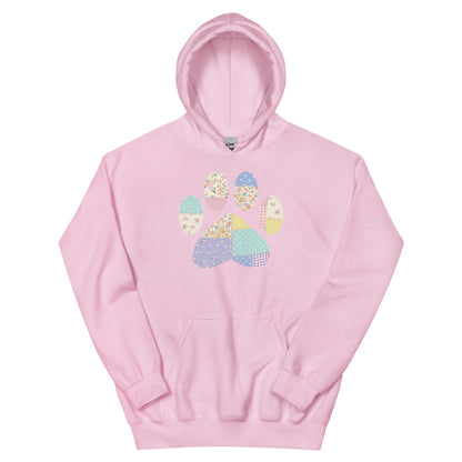 Pink hoodie with a colorful paw print design on a white background