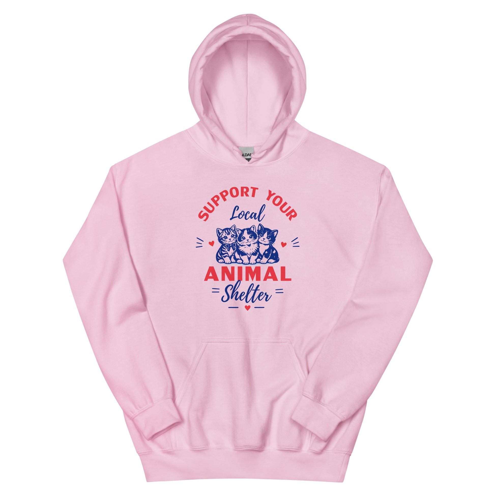 Pink hoodie with text 'Support Your Local Animal Shelter' and cat illustrations on a white background