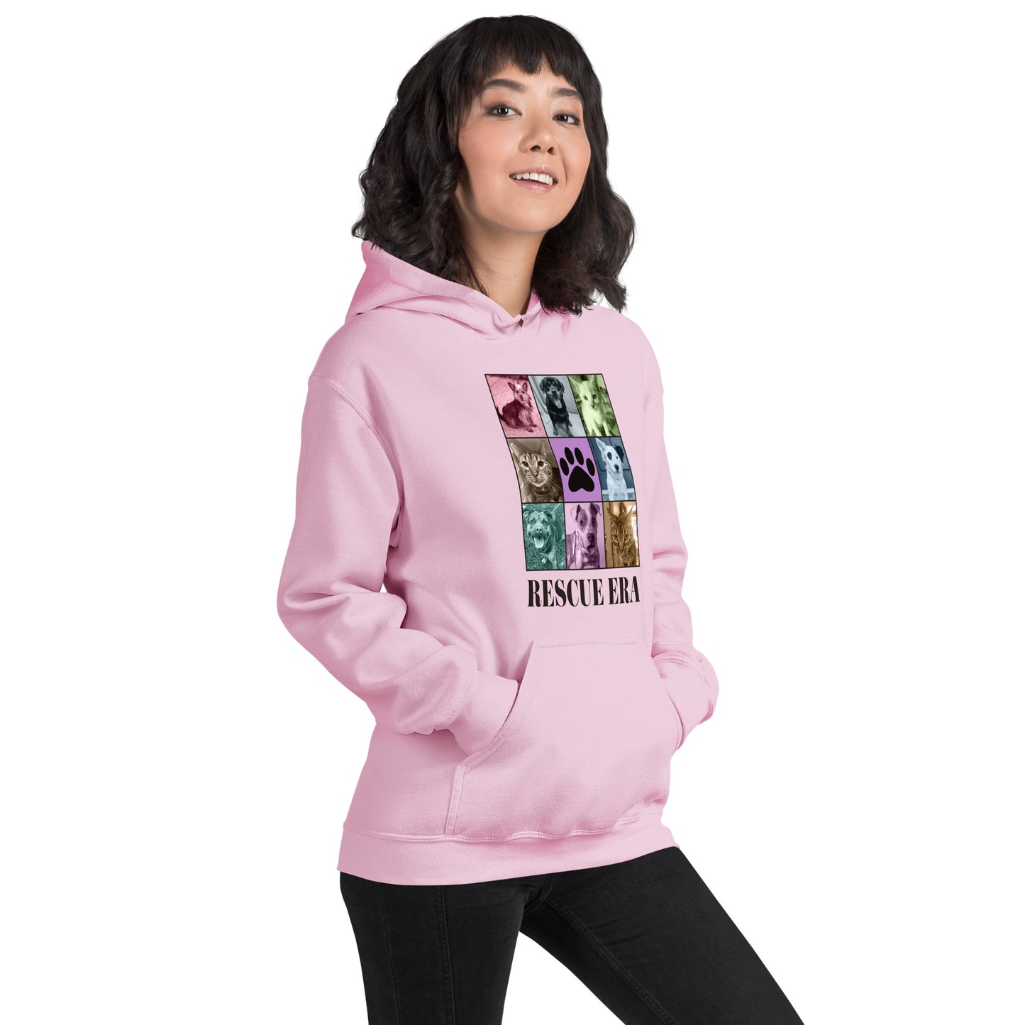 Female model wearing a pink hoodie with 'Rescue Era' design featuring images of cats and dogs on a white background.