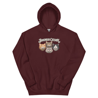 A maroon pullover hoodie with 4 cats featured as a design