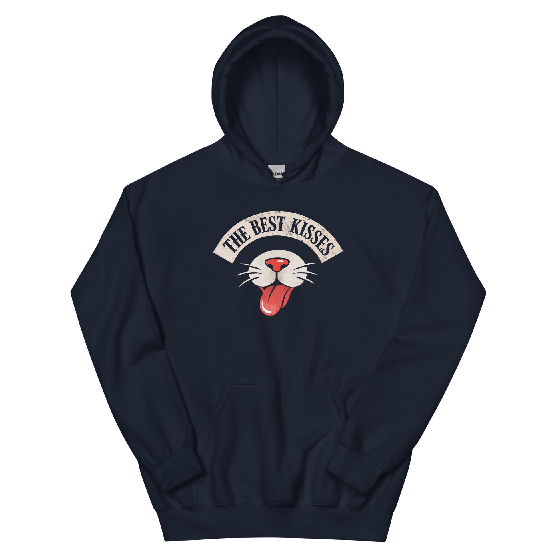 Dark Navy Hoodie on white background with a cat nose and tongue sticking out that reads "The Best Kisses"