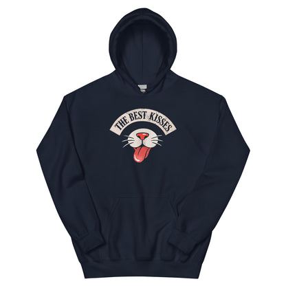 Dark Navy Hoodie on white background with a cat nose and tongue sticking out that reads "The Best Kisses"