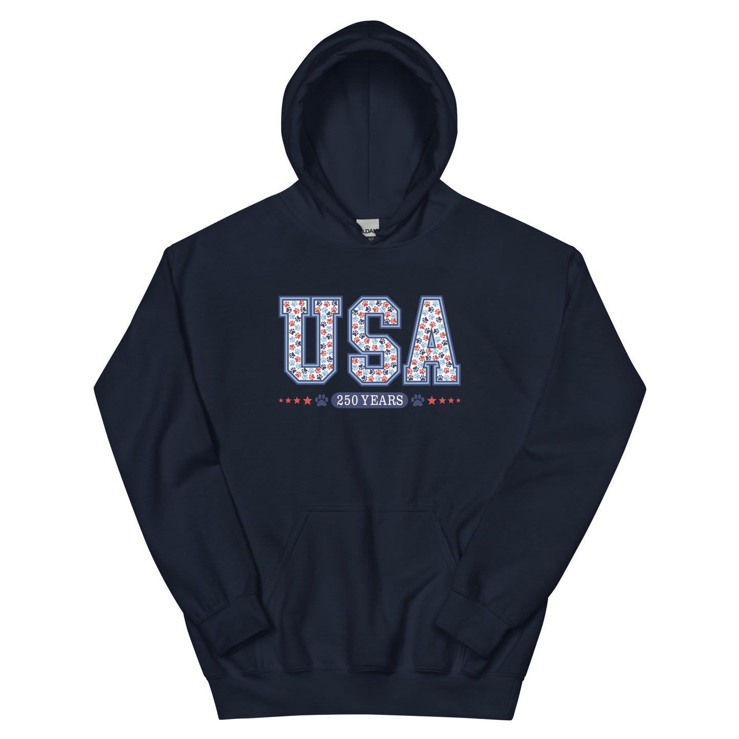 Black hoodie with 'USA 250 Years' text on a white background