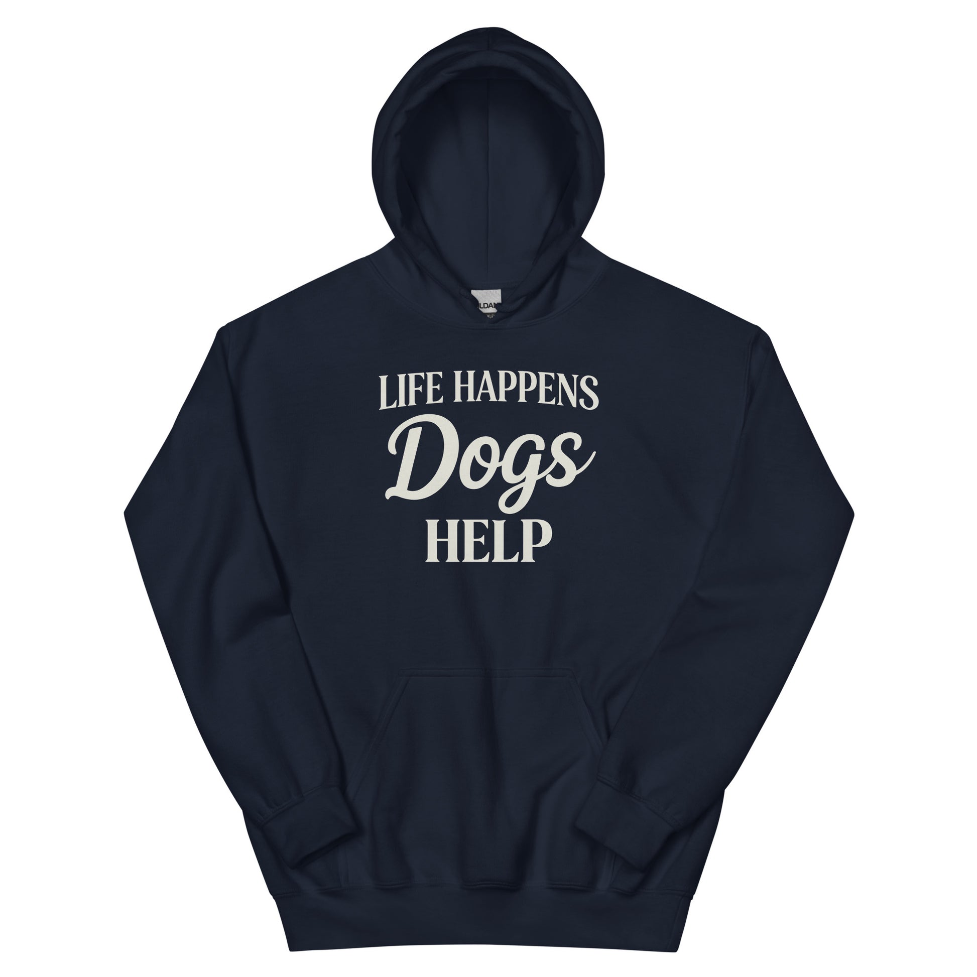 navy hoodie with a white logo and text on a white background