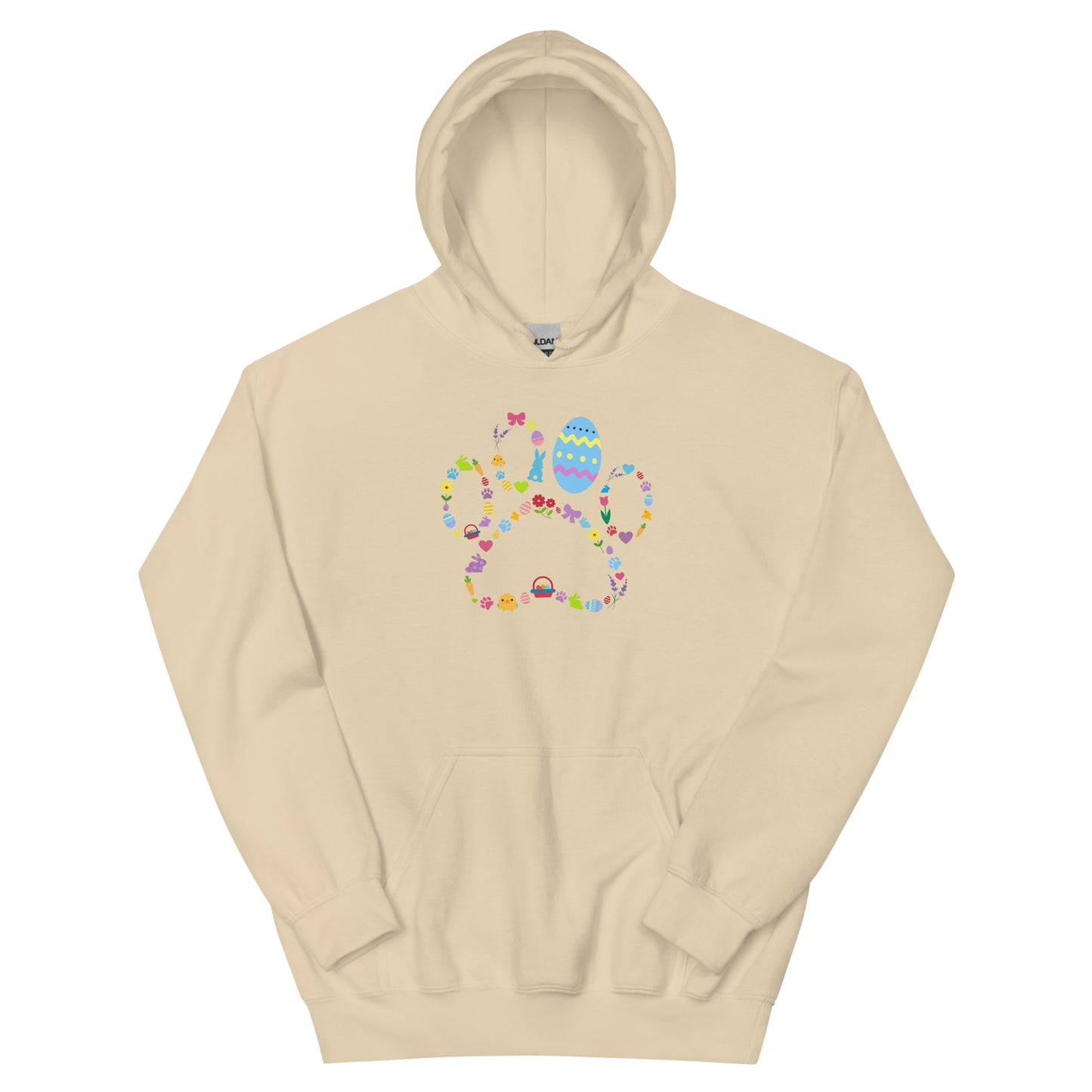 Beige hoodie with colorful graphic design on a white background