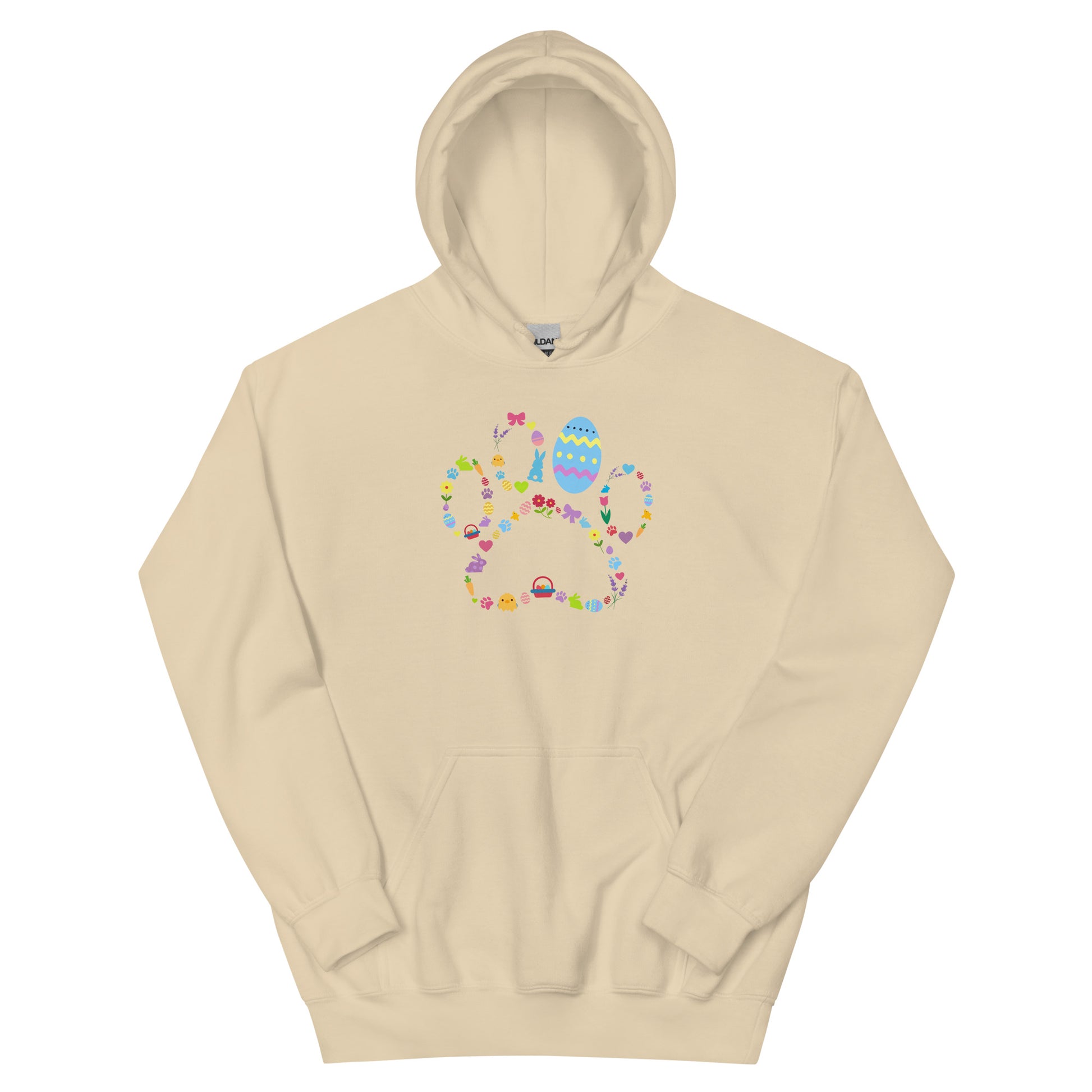 Beige hoodie with colorful graphic design on a white background