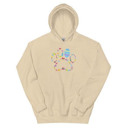 Beige hoodie with colorful graphic design on a white background