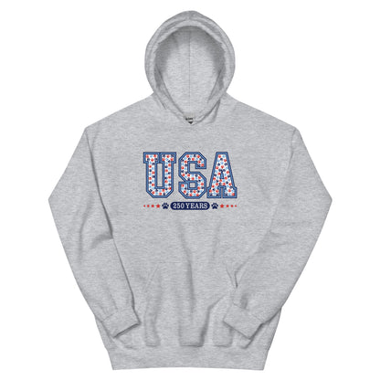 Gray hoodie with 'USA 250 Years' text on a white background
