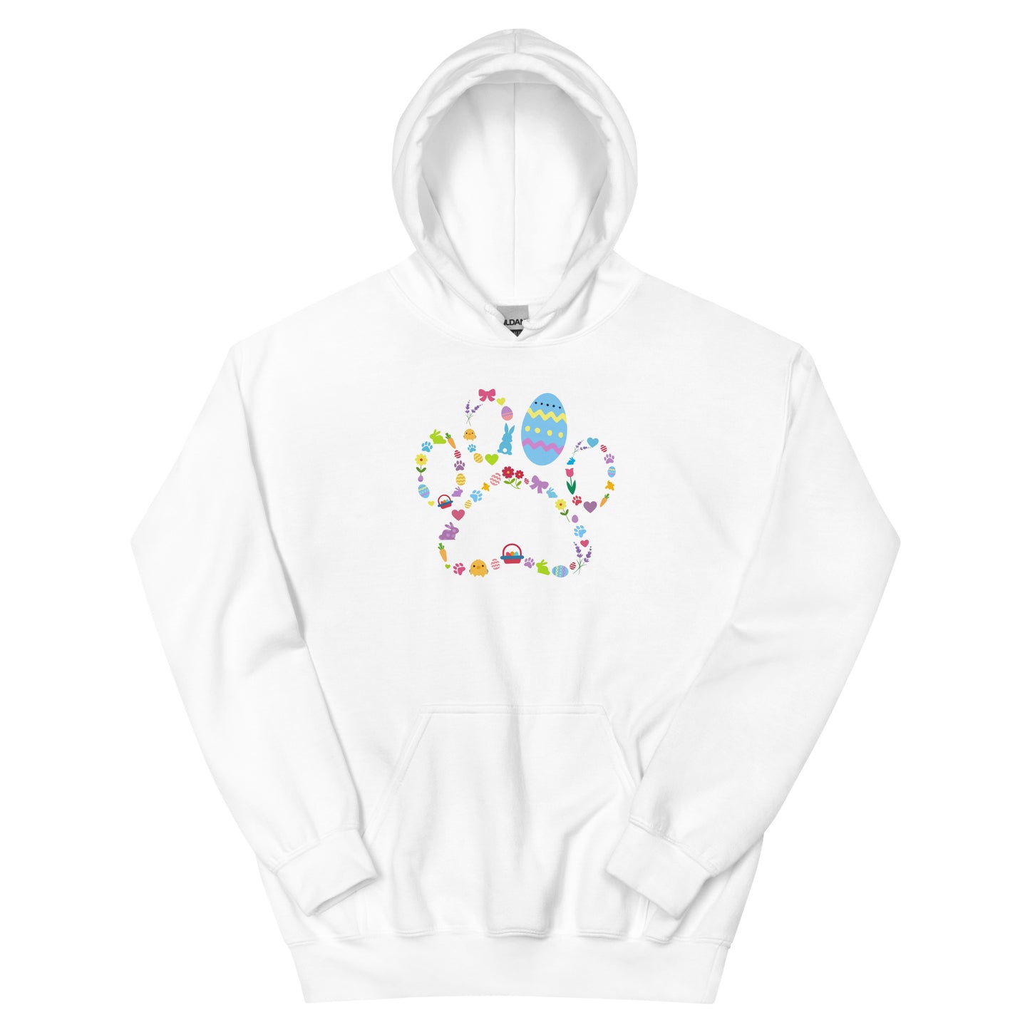 White hoodie with colorful design on a white background