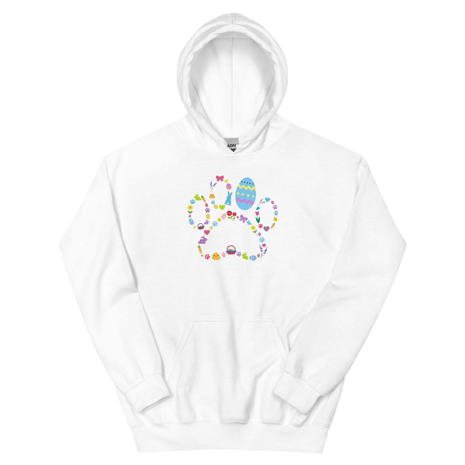 White hoodie with colorful design on a white background