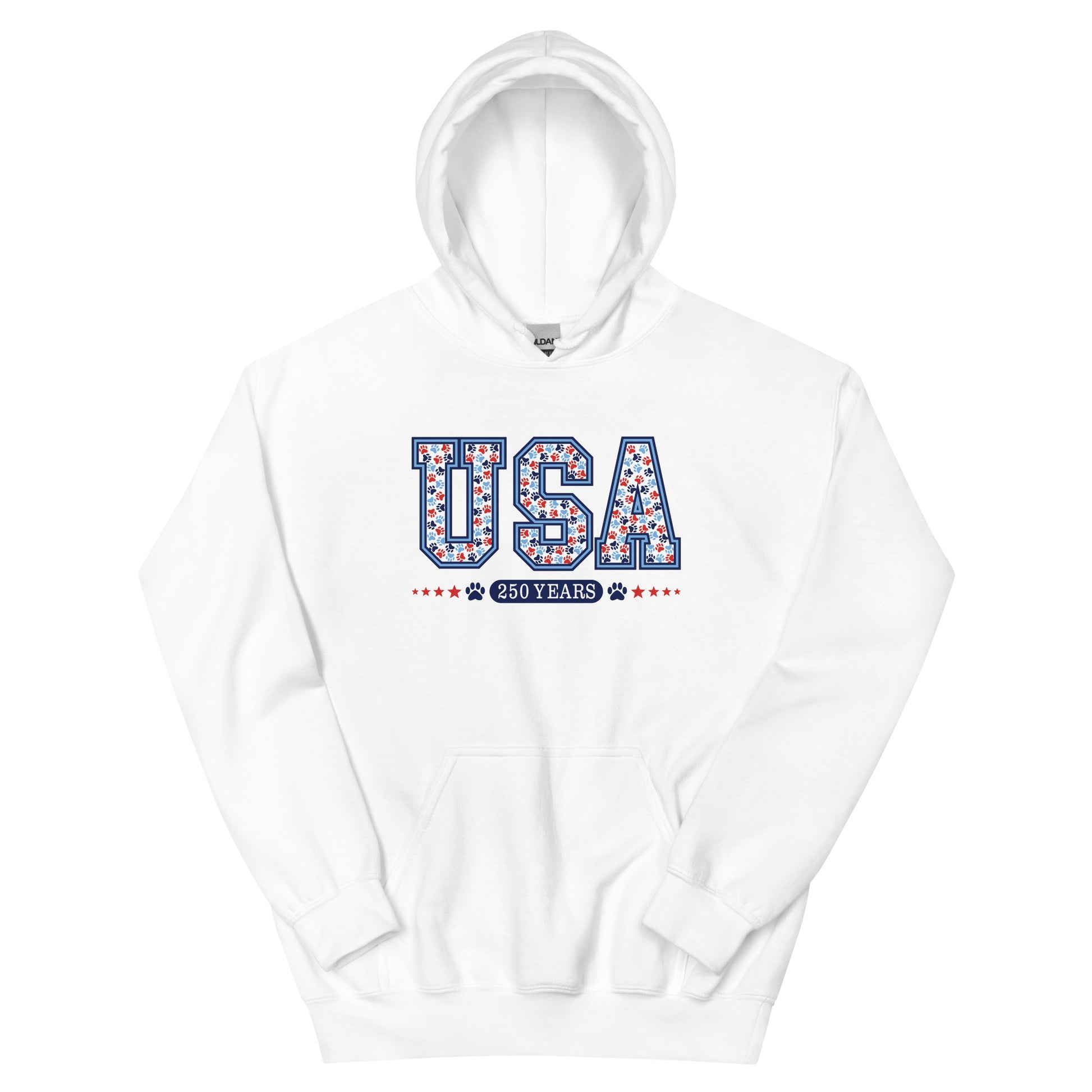White hoodie with 'USA 250 Years' text on a white background