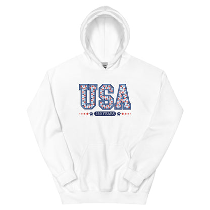 White hoodie with 'USA 250 Years' text on a white background