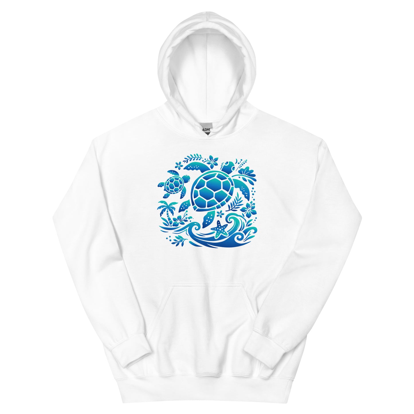 White hoodie with blue turtle design on a white background