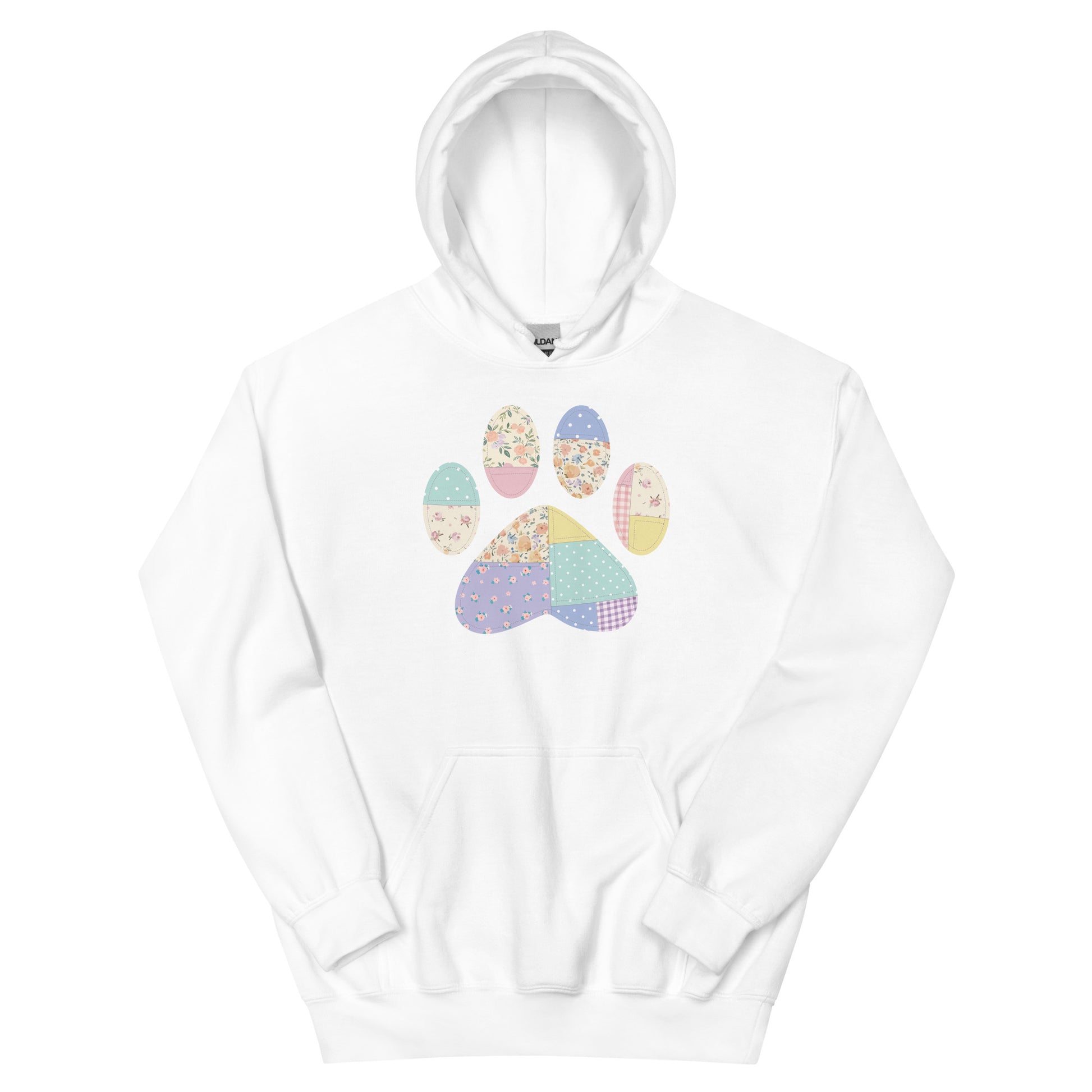 White hoodie with a colorful paw print design on a white background