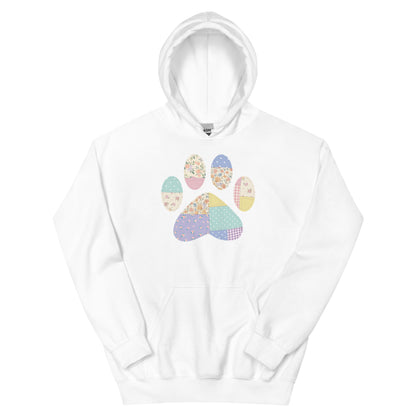 White hoodie with a colorful paw print design on a white background