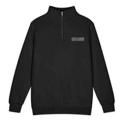 Black quarter-zip sweatshirt with a logo on a white background