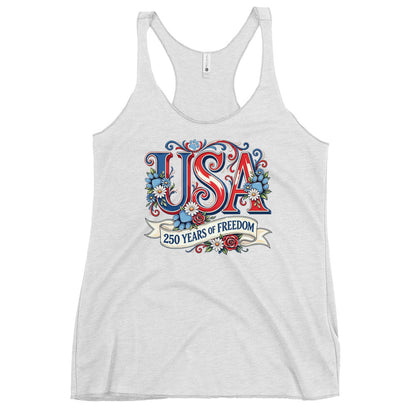 White tank top with 'USA 250 Years of Freedom' design on a white background