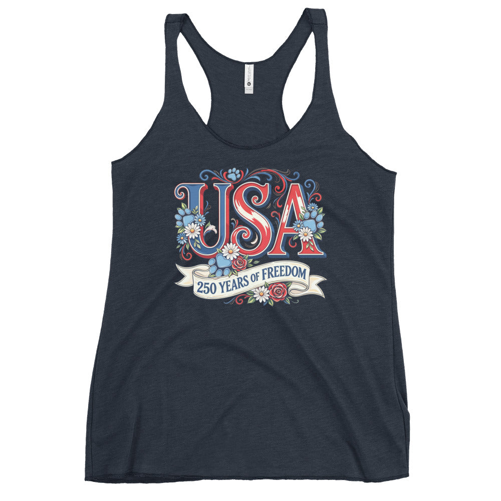 Navy tank top with 'USA 250 Years of Freedom' design on a white background