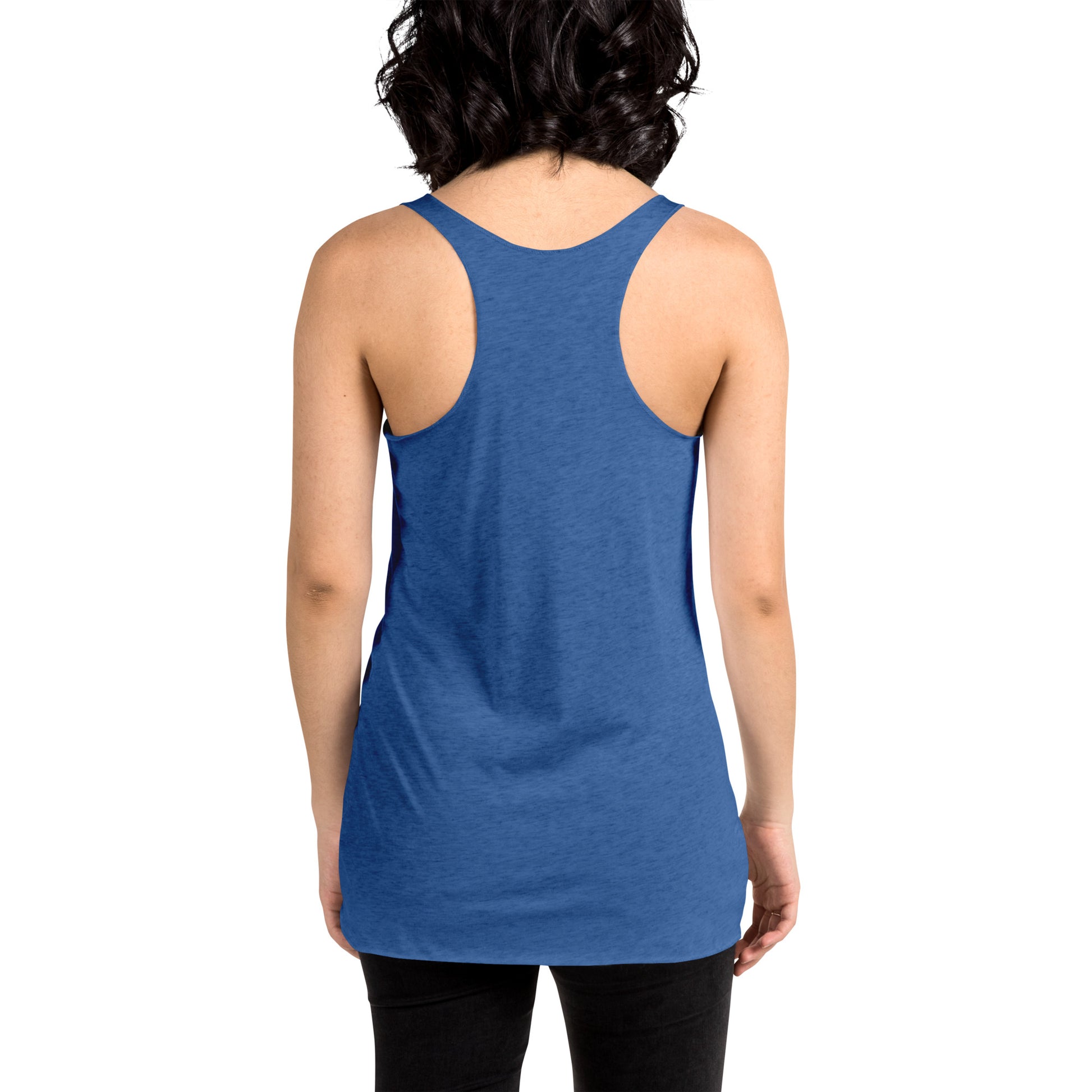 Back of a Person wearing a blue tank top with against a white background
