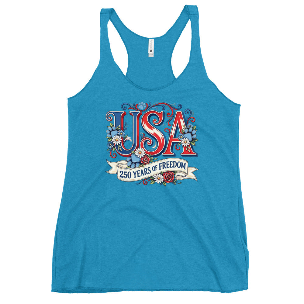 Blue tank top with 'USA 250 Years of Freedom' design on a white background