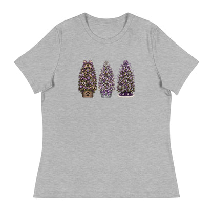 A heather gray short-sleeve crewneck t-shirt featuring a graphic print of three decorated Christmas trees in purple, gold, and brown tones, displayed on a clean white background.